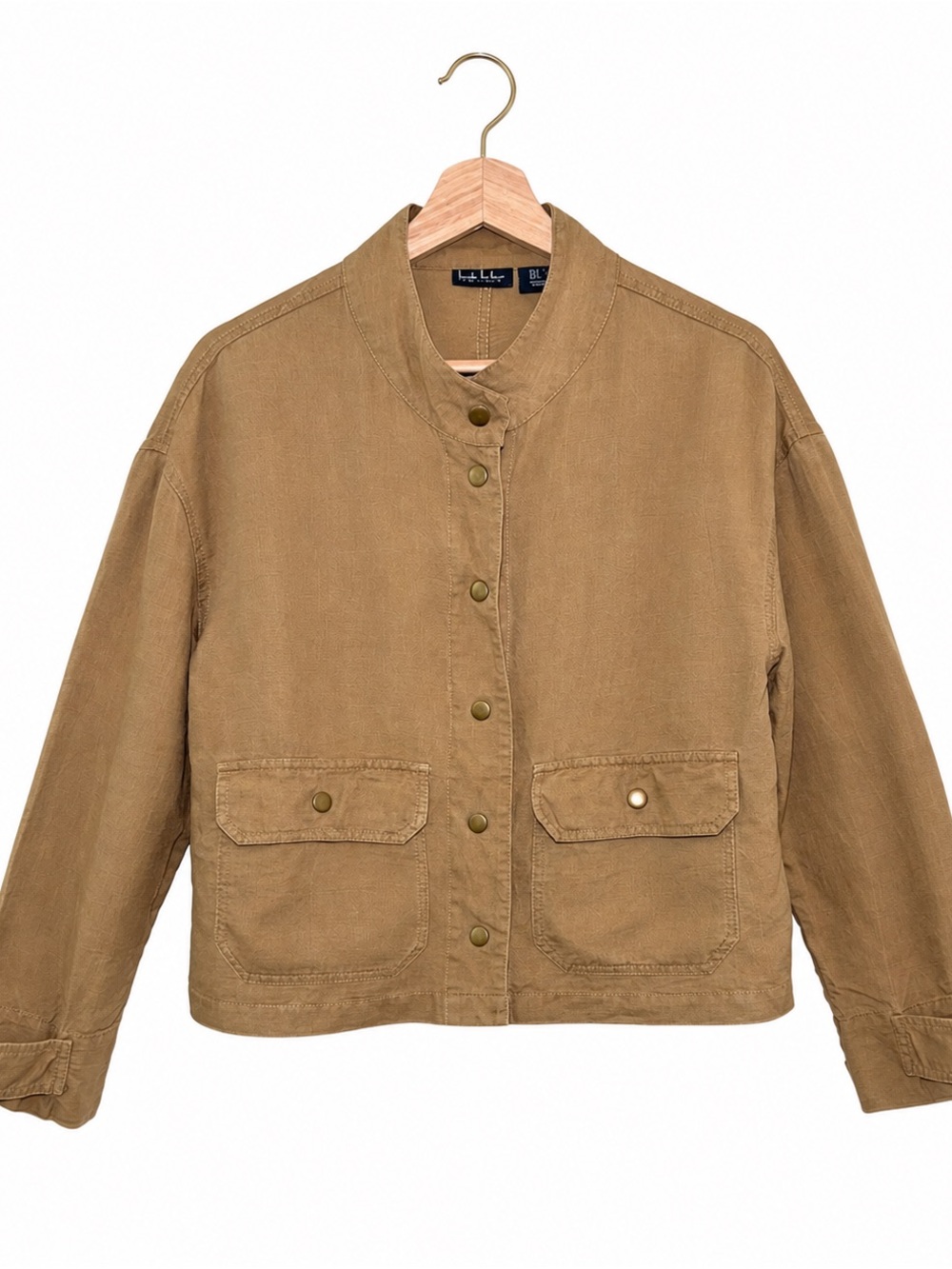 Nicole Miller Distressed Utility Jacket Tan Cotton Blend Snap Front Safari - Picture 2 of 10